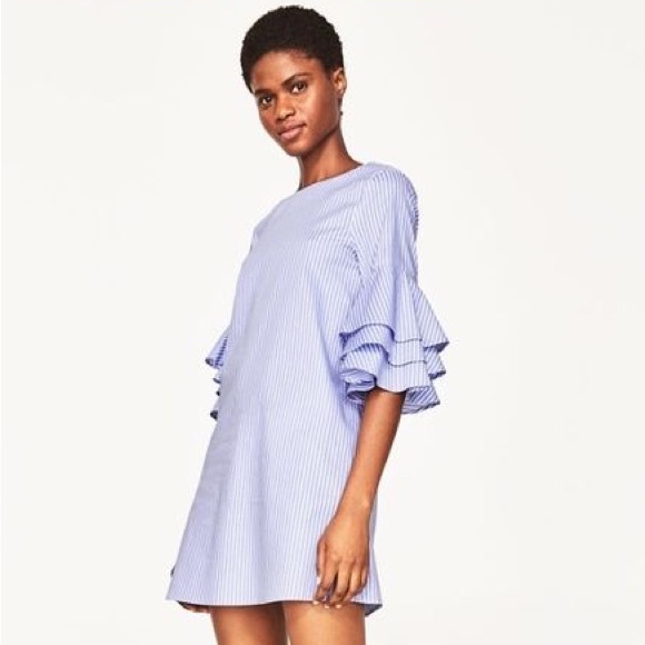 Zara | Striped Tunic Ruffled Sleeve Dress - Picture 1 of 14